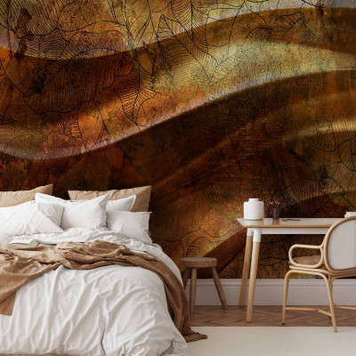 Wall mural - Liquid gold - abstract wavy composition with leaf patterns