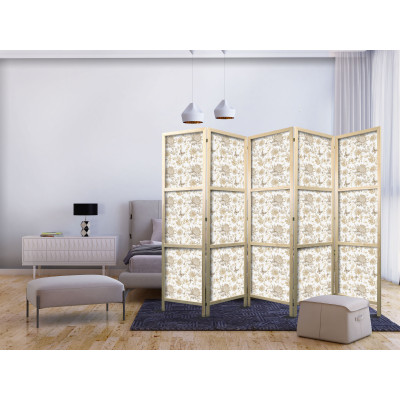 Paravent japonais - Beige Shades of Nature - Flowers and Butterflies on a White Background - Illustration