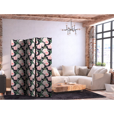 Paravent - Peonies - Pink Flowers and Green Leaves on a Graphite Background