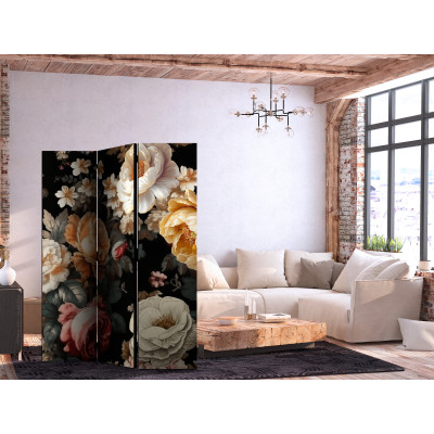 Paravent - Floristry in Vintage Style - a Plethora of Colorful Flowers on a Black Background
