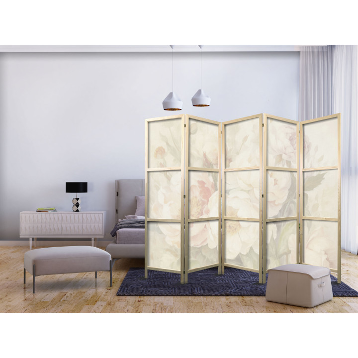 Japanese room divider - Blooming Peonies - Bright Large Flowers Enveloped in White Mist