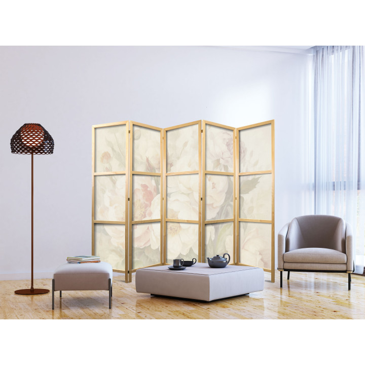 Japanese room divider - Blooming Peonies - Bright Large Flowers Enveloped in White Mist