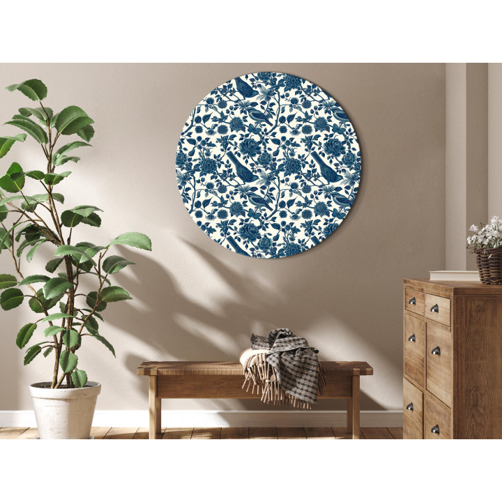 Tableau rond - Birds and roses - monochrome blue pattern with botanical motif