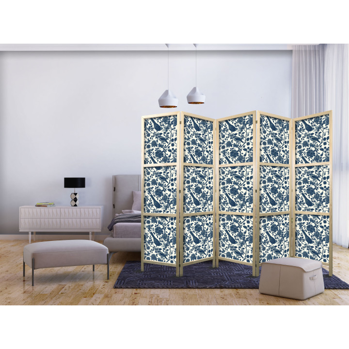 Japanese room divider - Rose Vines - Monochromatic Blue Birds Resting Among Roses