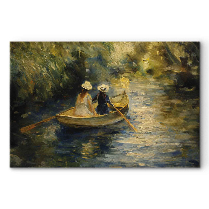 Groot XXL schilderij - Boat crossing - painting of two women sailing a boat on a river