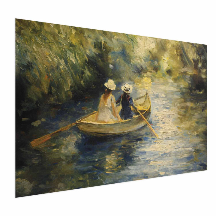 Poster - Boat crossing - painting of two women sailing a boat on a river