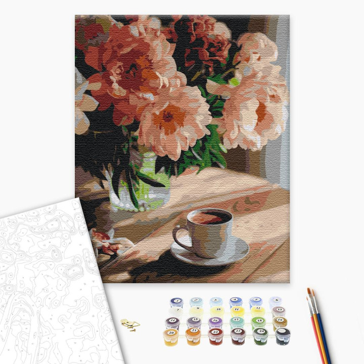 Paint-by-numbers design - Coffee with the aroma of peonies