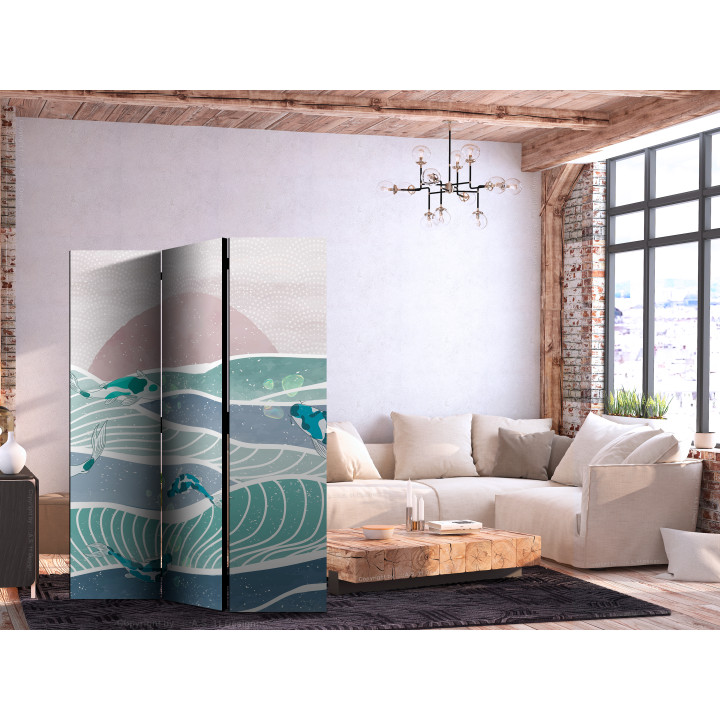 Parawan - Picturesque Landscape With Fish - Sunset And Koi Fish in Shades of Turquoise And Blue. Floating Above The Water