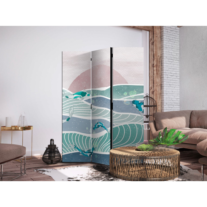 Parawan - Picturesque Landscape With Fish - Sunset And Koi Fish in Shades of Turquoise And Blue. Floating Above The Water