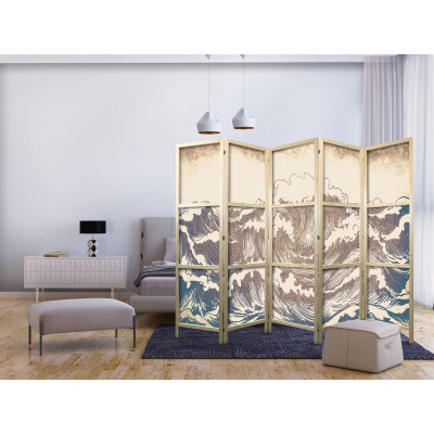 Japanischer Paravent - Turbulent Ocean - High Waves in Brown And Navy Colors on a Beige Background in Vintage Style