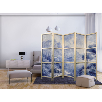 Japanischer Paravent - Italian Landscape - Lake Como Painted in Shades of Blue