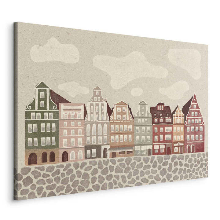 Wall picture - Salt Square - Colorful Illustrated Townhouses Against a Cloudy Sky Background