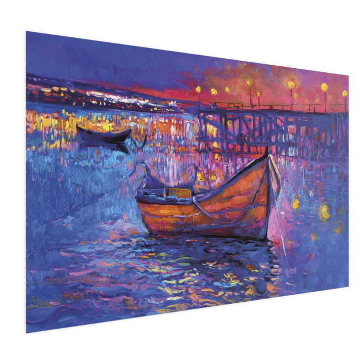 Plakat - Modern impressionism - night landscape of a lake with a floating boat