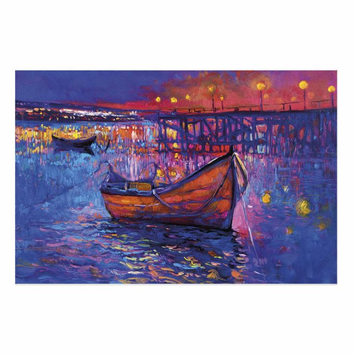 Plakat - Modern impressionism - night landscape of a lake with a floating boat