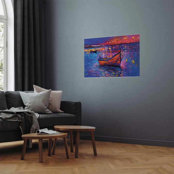 Plakat - Modern impressionism - night landscape of a lake with a floating boat