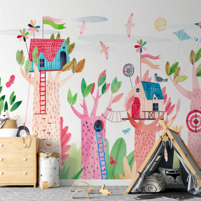 Fototapeta - Painted tree houses - a colourful fantasy with kites for children