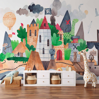 Fototapeta - A colourful treasure island with a castle - a pirate ship at sea for children