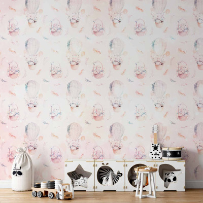 Fototapeta - Solid pattern with feathers - hares in a basket and in a balloon for children