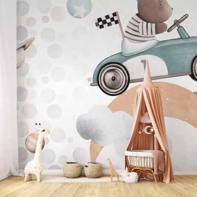 Fototapeta - Teddy Bear in a Racing Car