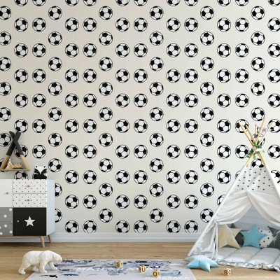 Behang - Soccer - Symmetrical black-and-white soccer balls on a beige background.