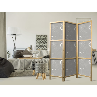 Japanese room divider - Cosmic Fireworks - Elegant Pattern with Moons and Stars on a Gray Background