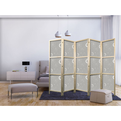 Japanese room divider - Cosmic Fireworks - Elegant Pattern with Moons and Stars on a Gray Background