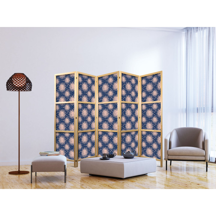 Parawan japoński - Sunny Patterns - Repeating Sun Motif on a Navy Background