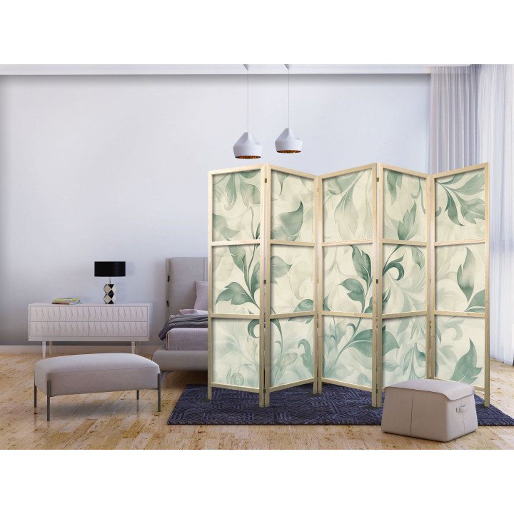Japanese room divider - Watercolor Botanical Motif - Delicate Green-Beige Leaves