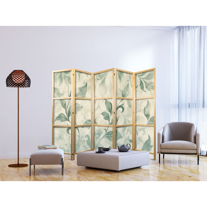 Japanese room divider - Watercolor Botanical Motif - Delicate Green-Beige Leaves