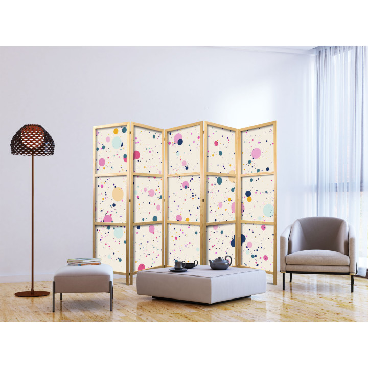 Parawan japoński - Dots - Spots and Splashes Multicolored - Cheerful Pattern on a Light Pink Background.