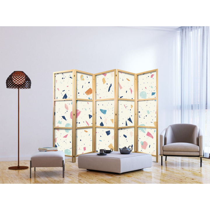 Japanese room divider - Terrazzo with Multicolored - Large Elements - Cheerful Pattern on a Light Background.