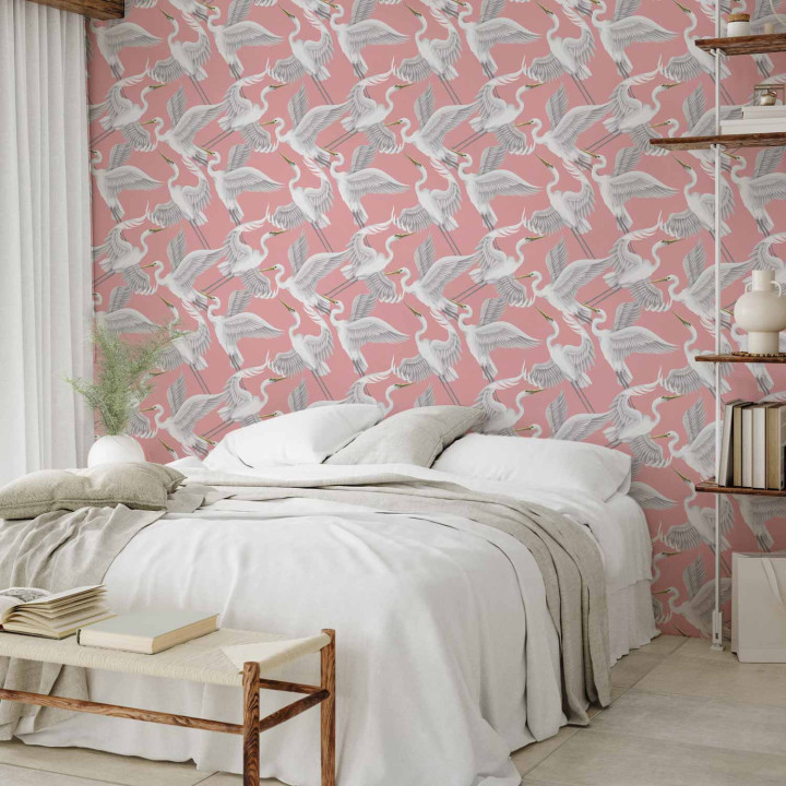Behang - Pastel birds – a delicate pattern of white and grey herons on a light pink background