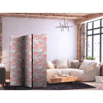 Room divider - Pastel birds - a delicate pattern of white and grey herons on a light pink background