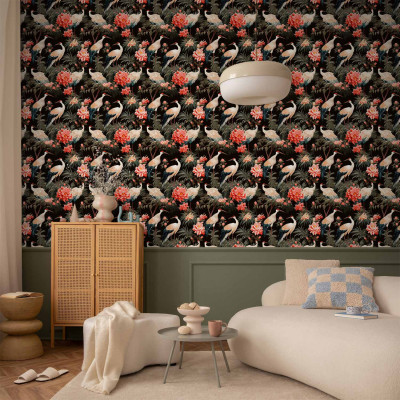 Wallpaper - Ornament with birds - silhouettes of cranes and peony flowers on a dark background