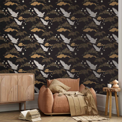 Wallpaper - Oriental impressions - decorative pattern with a motif of flying cranes on a dark background