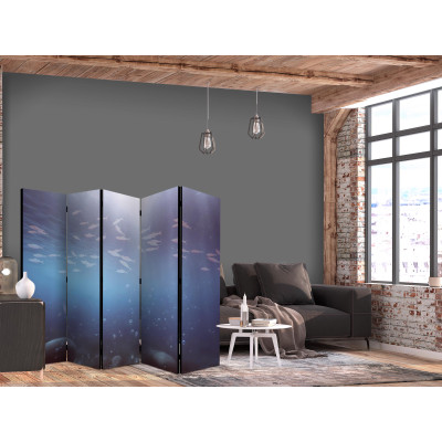 Room divider - School of Small Fish - Illuminated Oceanic Depth in Shades of Navy Purple and Gray with a Shoal of Tiny Fish
