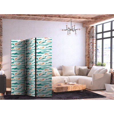 Room divider - Fish Leaping Above the Waves - Oriental Fish and Water Lilies Among High Waves in Sea Green Colors