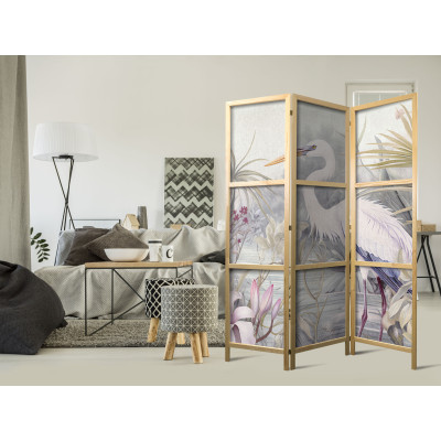 Japanese room divider - Heron wading in a pond – illustration in bright colours