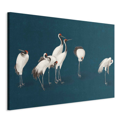 XXL-Wandbild - Evening by the pond - a group of cranes drawn in dry pastel on a dark turquoise background