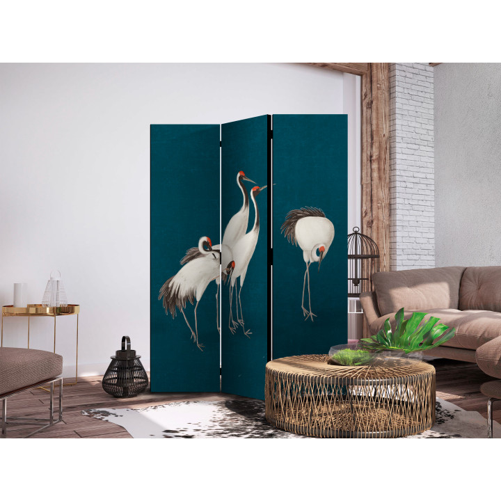Vouwscherm - Evening by the pond - a group of cranes drawn with dry pastels on a dark turquoise background