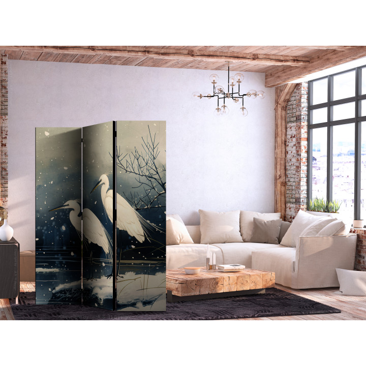 Vouwscherm - Herons over a winter pond - Japanese-style illustration in dark colours