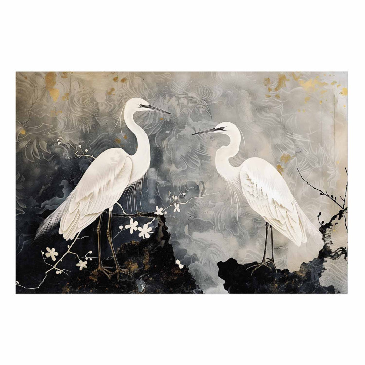 Poster - Herons and Cherry Blossom - oriental-style illustration depicting birds