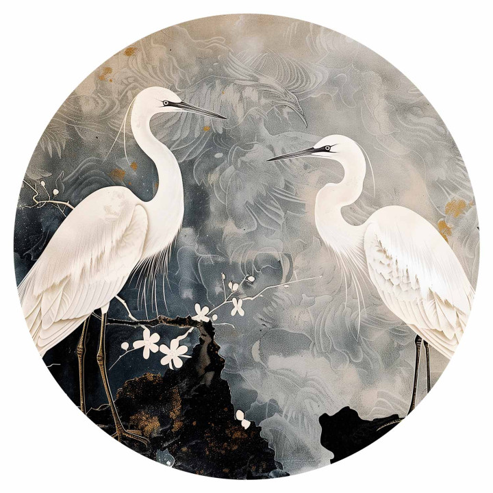 Runde Fototapete - Herons and cherry blossoms - oriental-style illustration depicting birds