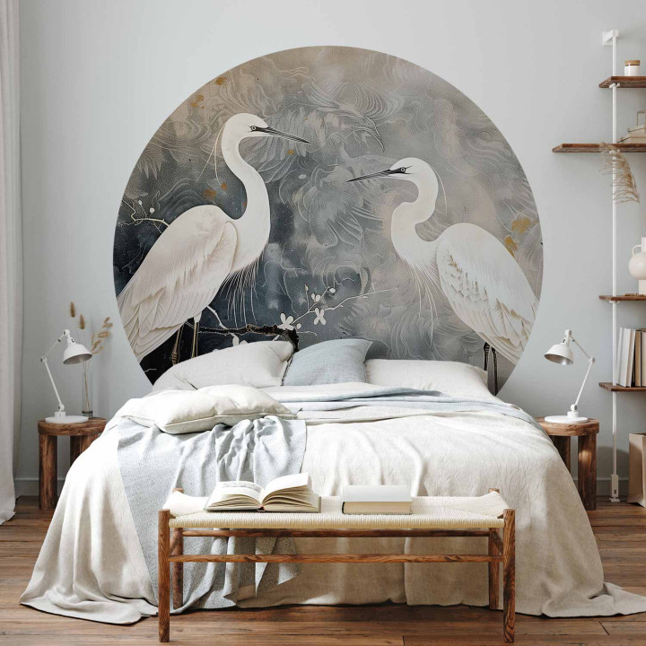 Runde Fototapete - Herons and cherry blossoms - oriental-style illustration depicting birds