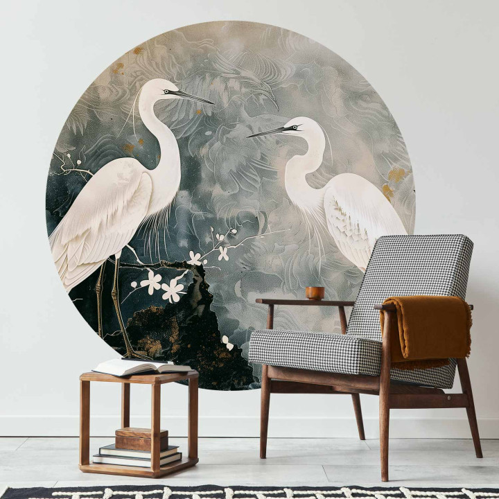 Runde Fototapete - Herons and cherry blossoms - oriental-style illustration depicting birds