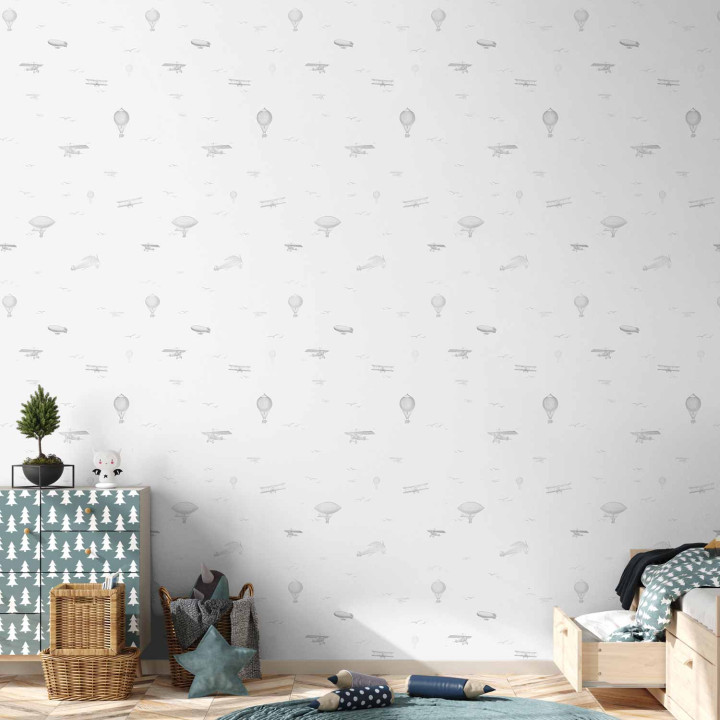 Wallpaper - Drawing - Airplanes - balloons - and airships against a sky full of birds.