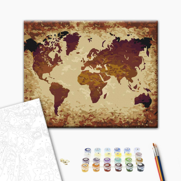 Paint-by-numbers design - World Map (Brown Colours)