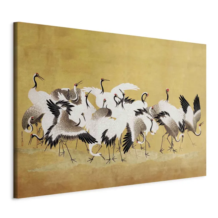 XXL wall picture - Japanese cranes - a flock of birds against a golden background based on a painting by Ishida Yūtei