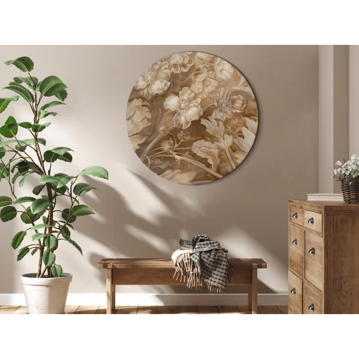 Rundes Wandbild - Floral Ornaments Carved in Delicate Sepia and Brown Shades