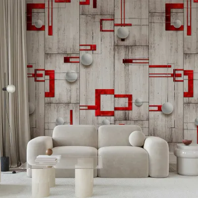 Behang - Concrete, red frames and white knobs